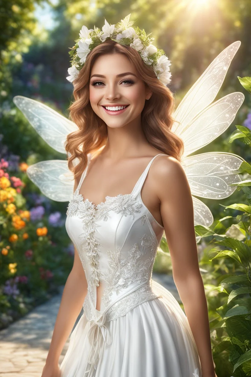 A hyper-realistic photo, smiling fairy lady in a garden ,Sun Light, Shiny Simple White Costumei, full portrait, glamorous, 64K, hyperrealistic, vivid colors, , 4K ultra detail, , real photo, Realistic Elements, Captured In Infinite Ultra-High-Definition Image Quality And Rendering, Hyperrealism, real world, in real life, realism, HD Quality, 8k resolution, , real photo, 8 k