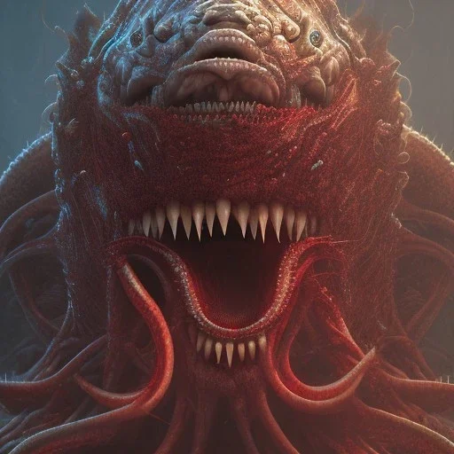 Monster, tentacles, red, huge, horror, teeth, a lot of eyes, masterpiece, expert, 8K, hyperrealism, sharp focus, cinematic lighting, blood, gore