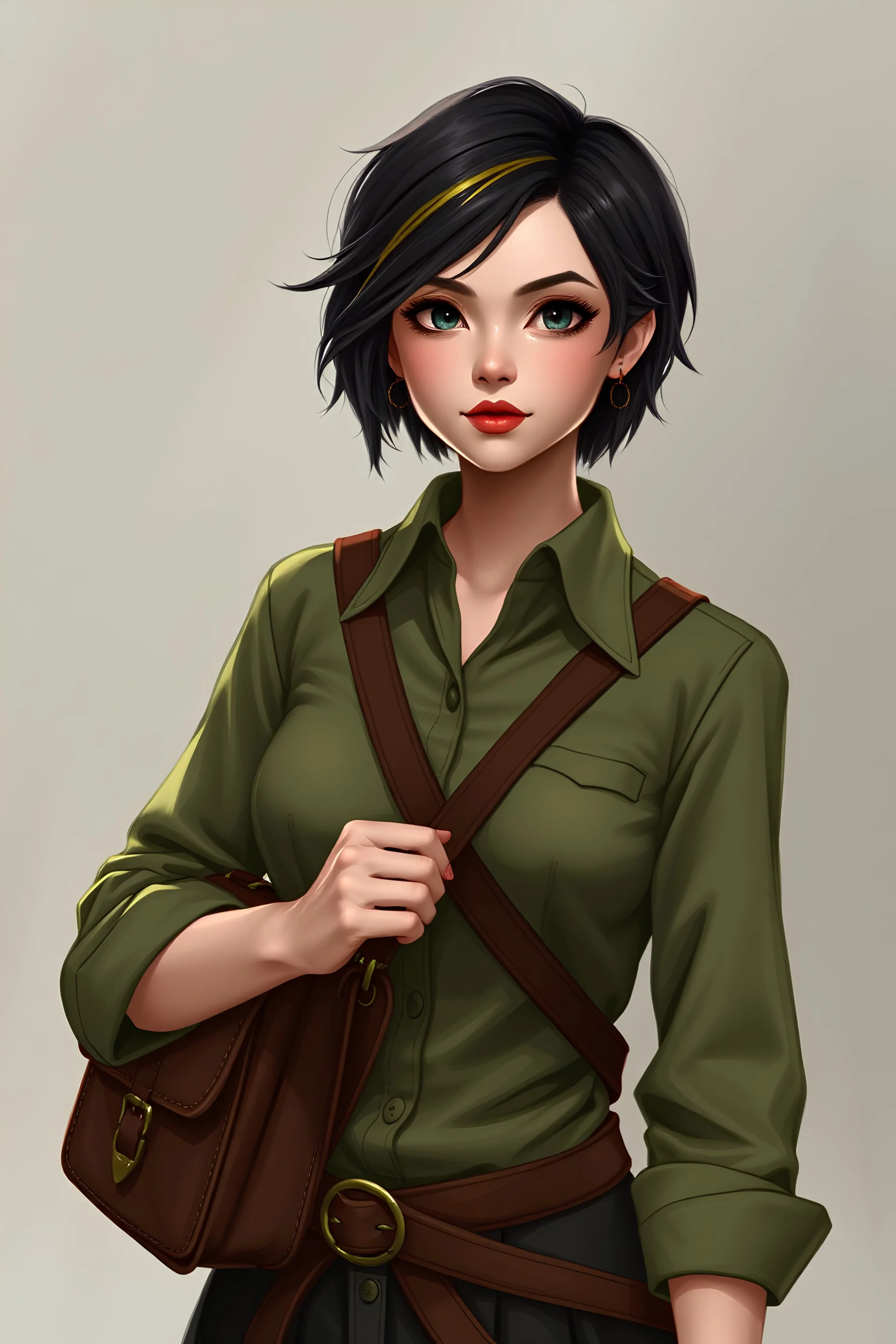 Female Human wizard wearing a dressy green shirt, wears a satchel, she has short black hair with highlights