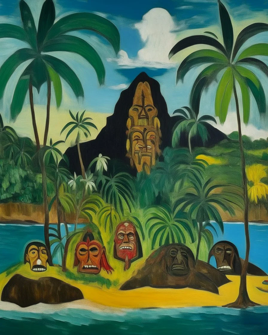 An island filled with tikis painted by Paul Gauguin