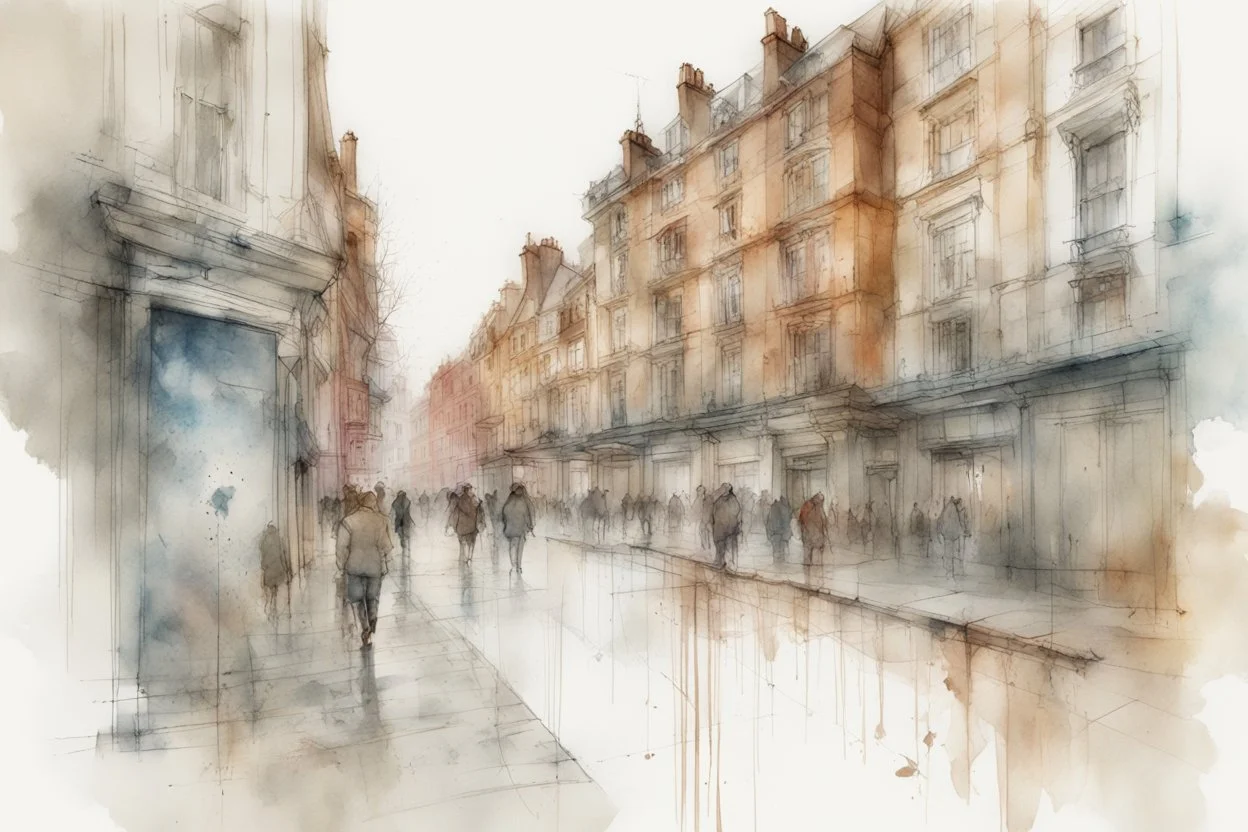 Nottingham City sketch, watercolor, white background, vibrancy of watercolor wash, highly detailed, with sharp focus and smooth transitions. Carne Griffiths, Wadim Kashim, Carl Larsson, Pascal Blanche, golden ratio, masterpiece, trend on CGSociety and Artstation, bottomless, impressive, something that does not even exist, textures,