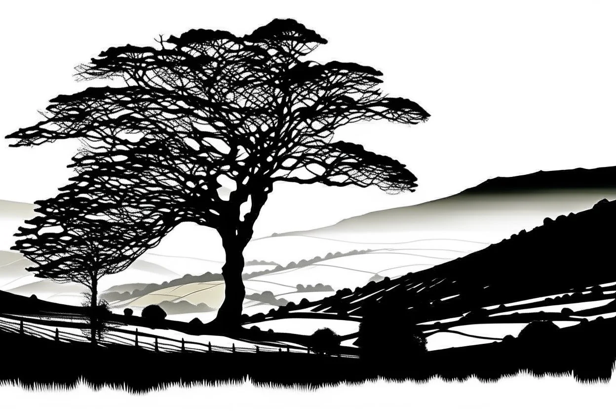 silhouette white background of beatuful scenic picture castleton peakdistrict uk from a distance scenery painting