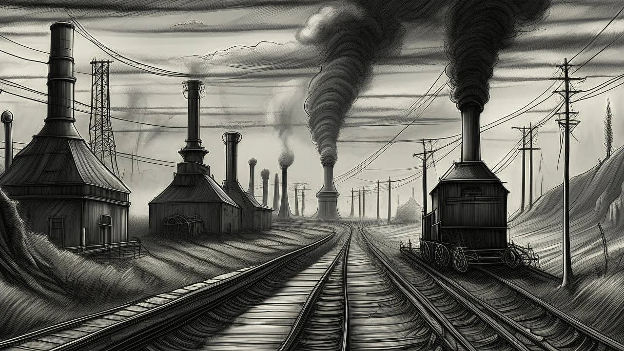 Illustration of an industrial landscape with a monochromatic color scheme, created with charcoal on paper. The scene is dominated by a series of electrical towers and factory smokestacks emitting dark plumes of smoke into the sky. A railway track curves through the landscape, with a small train visible in the distance. A man, around 50 years old, is walking along a path next to a fence. The overall style is reminiscent of industrial-era art, with a focus on texture and atmosphere. The use of cha