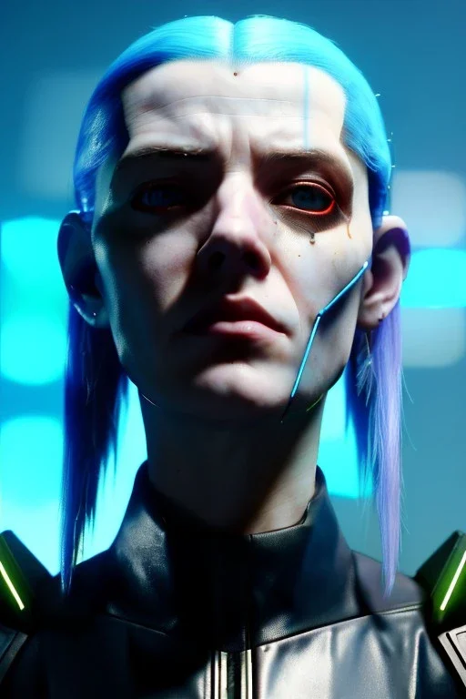 Cyberpunk portrait, pretty British woman:: symmetry photography, cyberpunk, blue long hair, face make-up, black line eye, light iris eye, :: kenzo fashion style, coat :: cinematic, Ultra realistic, dark scene, soft color, highly detailed, unreal engine 5, RTX, ultra detail, 3d, finely drawn, high definition.