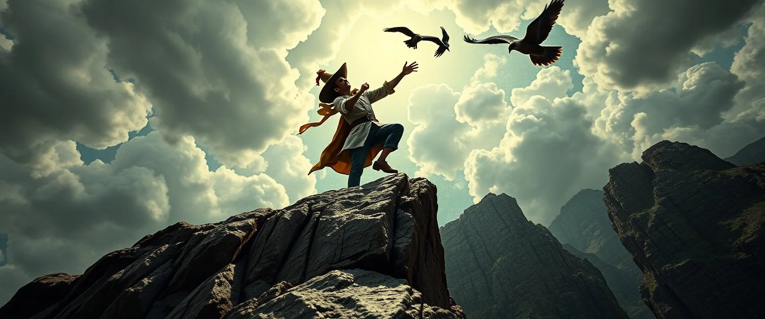 the fool from major arcana tarot,dancing joyfully on the edge of a cliff streching for a bird leaning into the air, seen from below, close up portrait of dj magic farmer pilot looking down on cam, with background in the style of escher and giger, a chill contrapunctus fugue in the style of fsol, beethoven, held up and protected from disaster