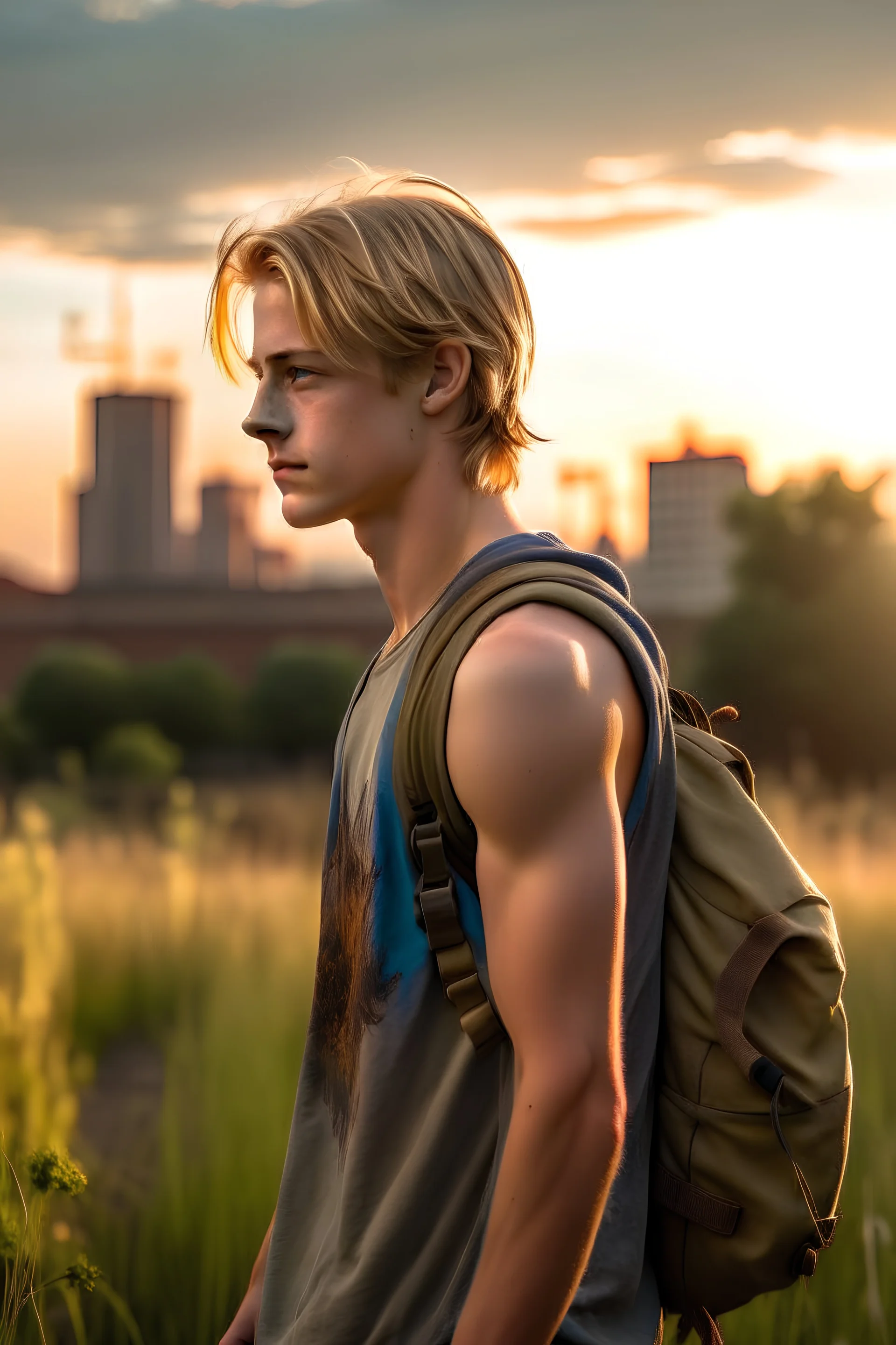 A profile photo of a handsome fifteen year old boy wearing a dusty backpack standing in a field with an abandoned city skyline in the background, sweaty blond hair, wearing a ripped tank top and stained shorts, sunset, tall grass, bright colours, vast landscape, cinematic photography, high resolution, high quality, highly detailed.