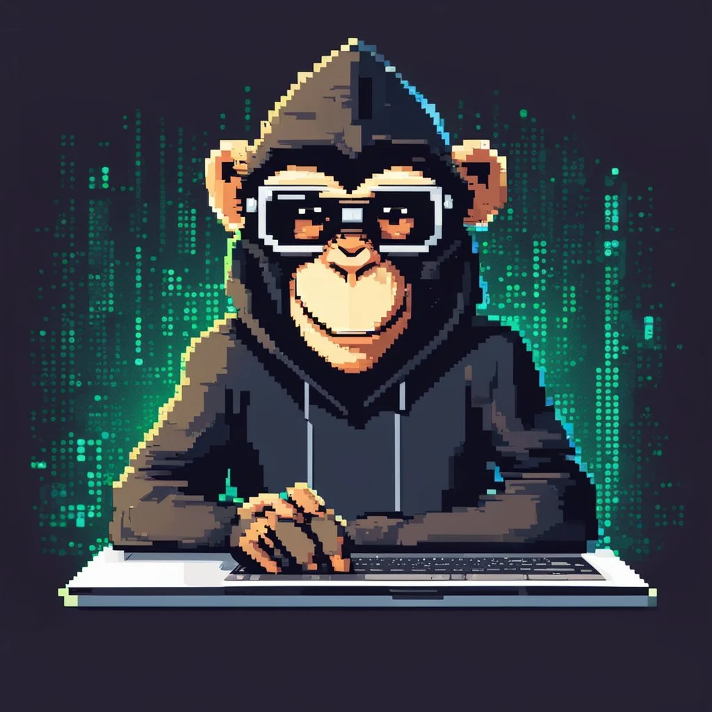 A grinning Monkey sitting in front of a laptop, hacking systems, wearing a hoodie and sunglasses. Matrix in background. Pixel Art. Profile Picture. Avatar. Pixel