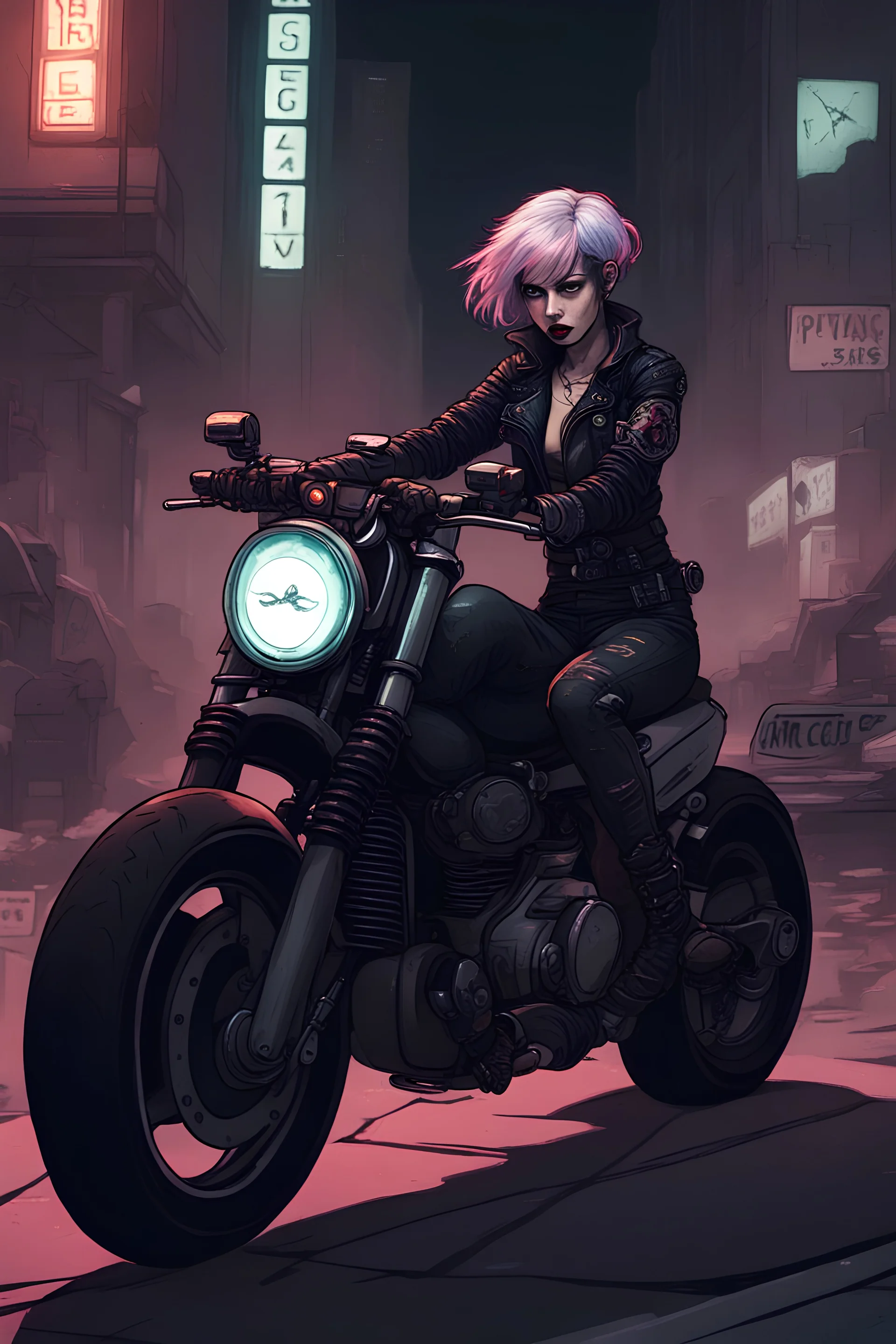 vampire girl showing fangs with short cropped cyberpunk hair riding a cafe racer motorcycle in a post apocalyptic city at night