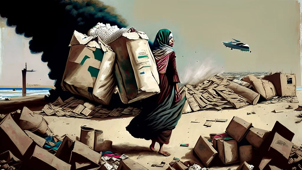 A Palestinian woman wearing a dress carrying very large bags of flour on her back, bending her back down in the destroyed Gaza City, and aid boxes descending from planes near the sea, with a large number of children looking up.