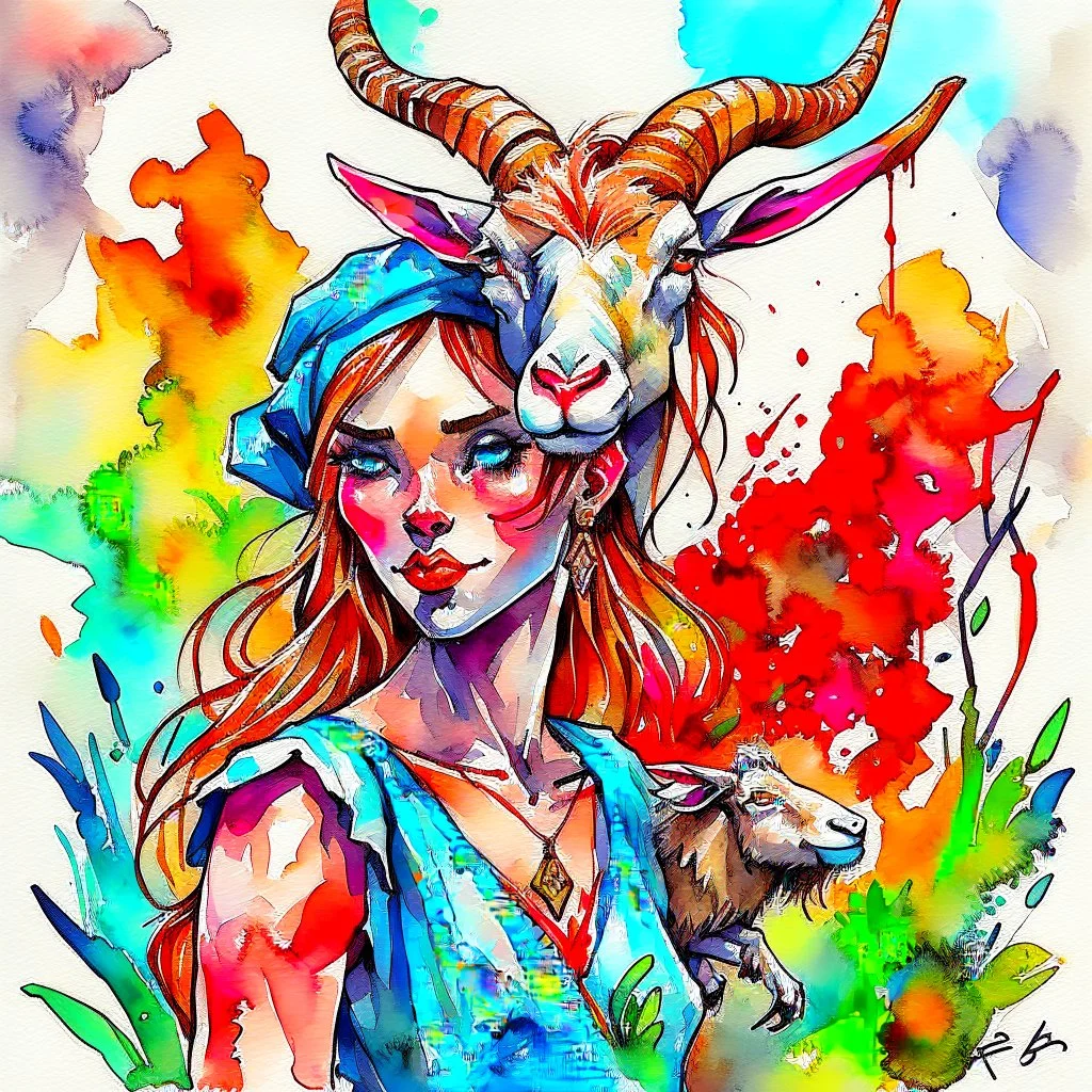 dnd, fantasy, watercolour, large strokes, stylistic, portrait, illustration, dull colours, female goat, acrobat