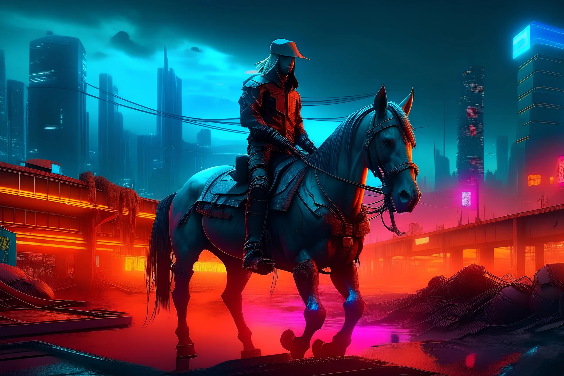 cavalier seul de dos sur un cheval dans une ville post apocalytpique style neon