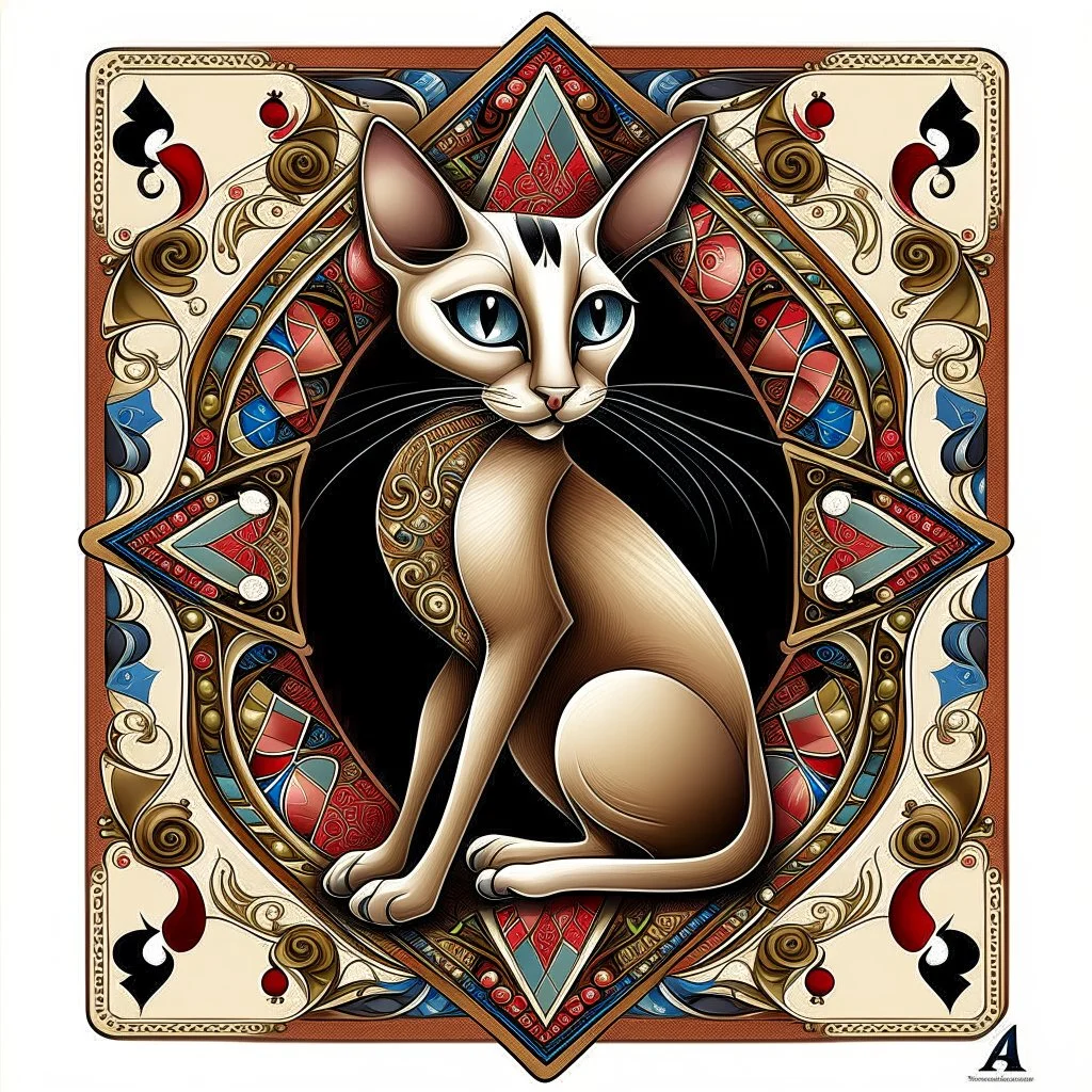 <lora:FiosMysticAura:1.0> <lora:FiosArcaneCards:1.0> A smooth, elegant sophisticated chocolate point Oriental shorthair Siamese cat, wearing a tiny party hat, emerges from a gigantic, intricately designed playing card, reminiscent of the whimsical styles of James Gurney, Chuck Jones, and Ash Thorp, with vibrant, dreamlike colors and delicate, hand-painted textures.