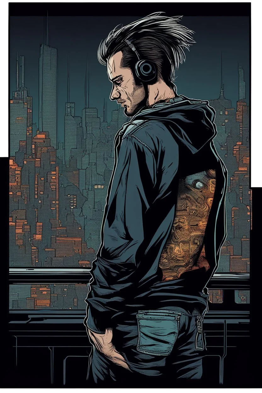 man, profile, cyberpunk, holding a cellphone, comic book art style, geek, engineer, t-shirt, jeans, drug addict, hoodie,