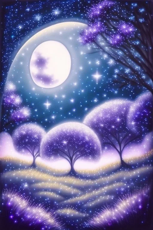 a background of softly blended blues, greys, silvers, purples, and whites with distant, twinkling stars in the sky, an a spherical serene moon, casting a soft glow of light on a foreground of a field of various flowers surrounding a tree of life