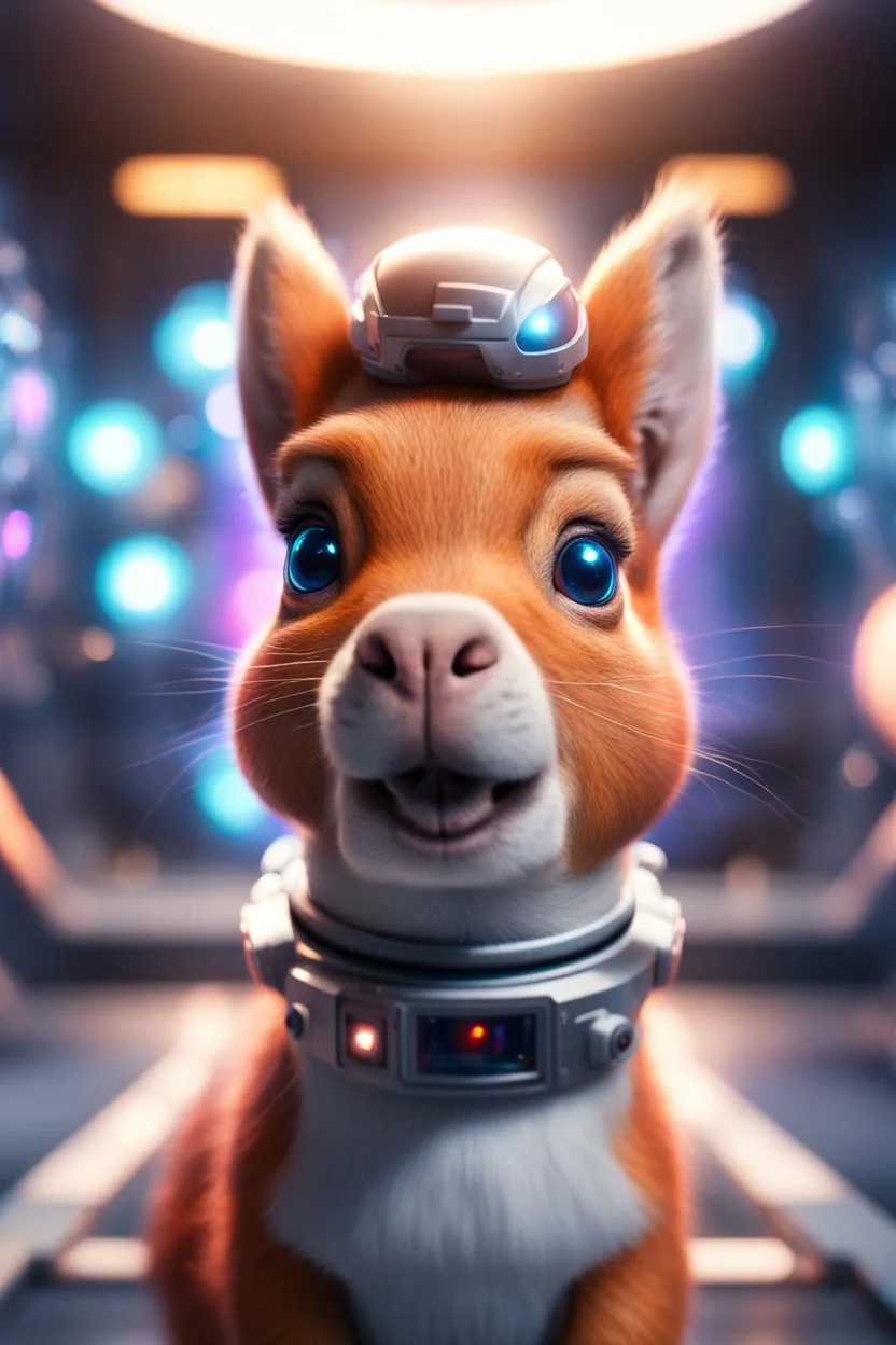 portrait of ultimate transcendent happy chat squirrel dog cat space hippo horse with spotlights, in advanced hi tech dock prison in front of space portal dimensional glittering device, bokeh like f/0.8, tilt-shift lens 8k, high detail, smooth render, down-light, unreal engine, prize winning