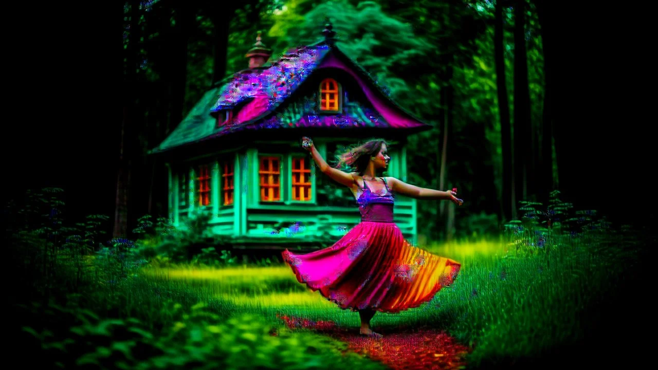 slim nymph dancing in a woodland clearing, with a woodland house behind her. vibrant colour