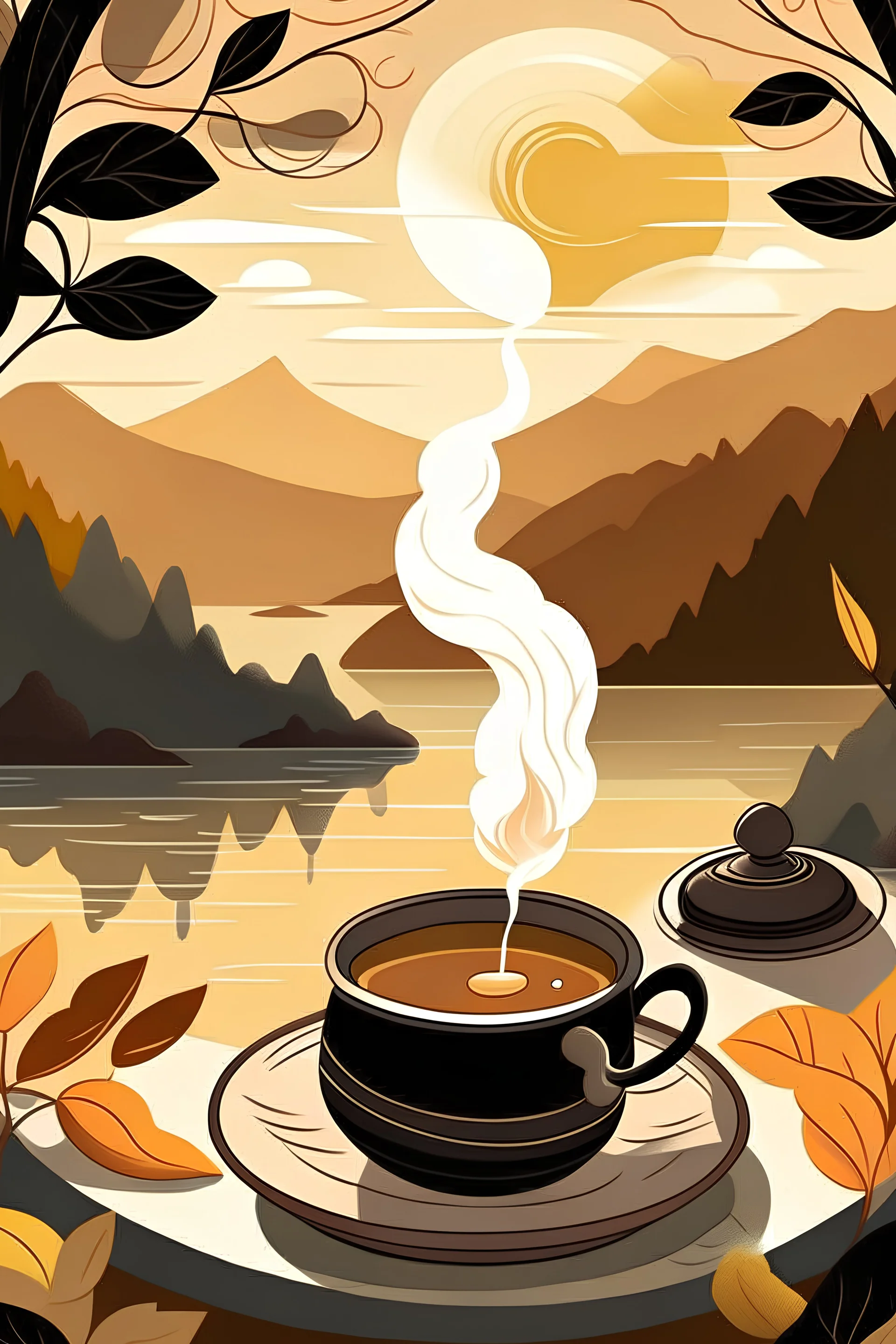 "Illustrate a cozy morning scene with a steaming mug of Honey and Warm Water, surrounded by elements symbolizing stability and tranquility, such as a sunrise or serene natural surroundings."