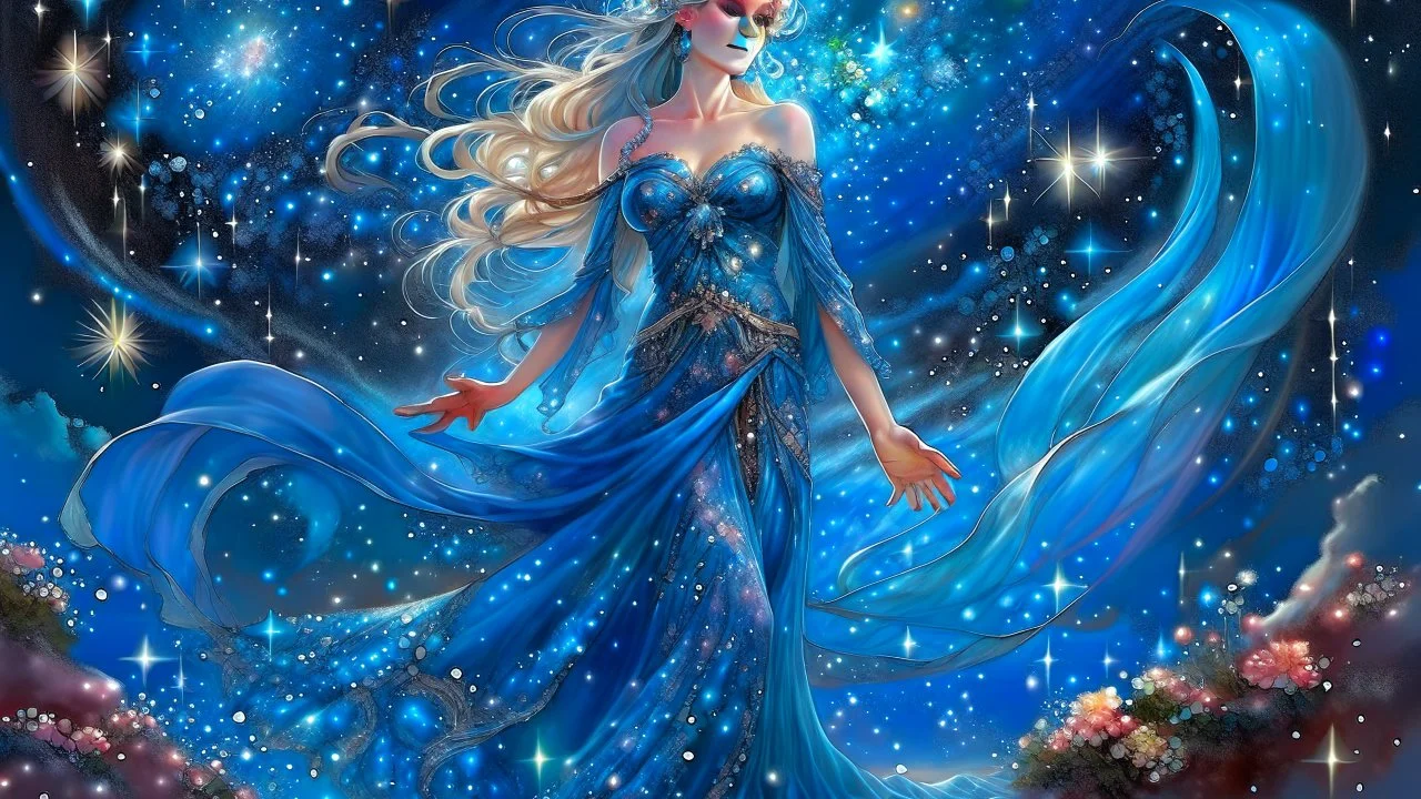 Create an image of a full body cosmic Goddess. The goddess should be depicted as a beautiful and powerful figure, surrounded by cosmic stars. Her hair should be long, blond and flowing, beautiful smiling face and she should be dressed in a flowing gown blue celestial robe. In the background, include imagery of pink flowers, blue sky,trees. The image should evoke a sense of joy, celebration, and spiritual connection to nature.