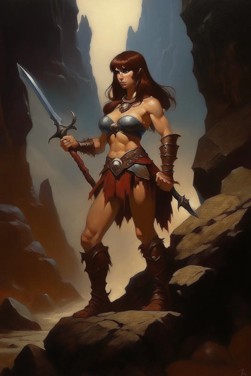 1970's dark fantasy cover dnd style oil painting of a pinup barbarian in a minimalist far perspective.