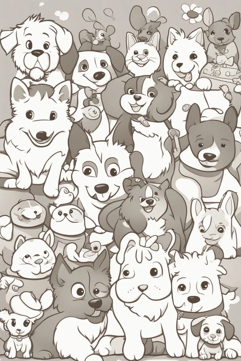 colouring book cover, simple picture for toddlers, pets: dogs, kitties, disney and pixar style