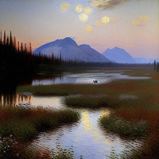 Monet Painting of muskeg with Realisticmoose in alaska