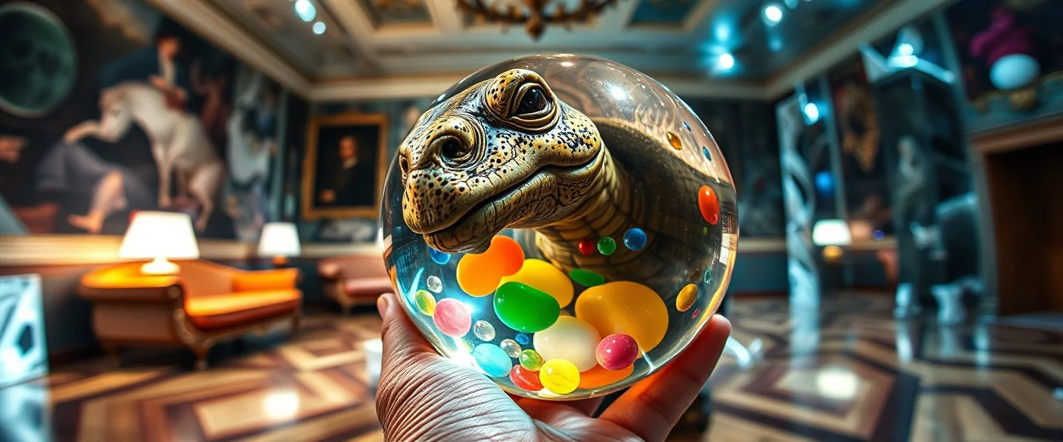 parlor, pin hole cam , master oil painting by Rembrandt, volume fog lights in reflective marble madness opera close up on turtle horse character portrait, holding big colorful transparent marble ball, a living bowling marble halls with slightly tilted floor in a twisted block maze, scenery from the game "marble madness", crystal birds, the floor betrays, the walls collide,