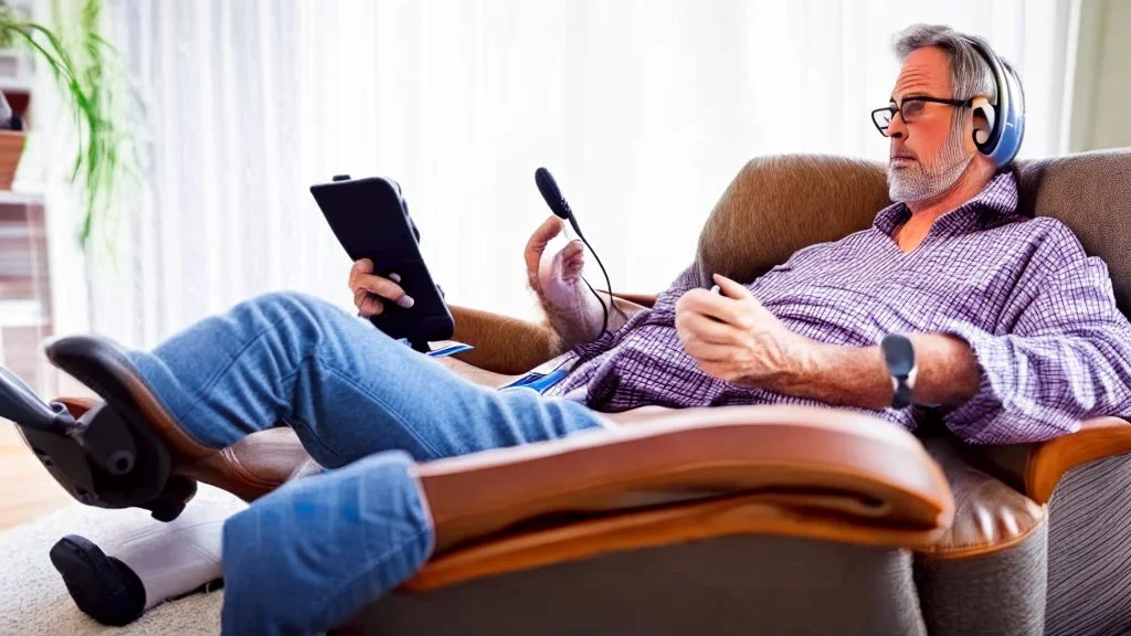 man sitting ALONE in his lazy boy chair at home on the phone confused