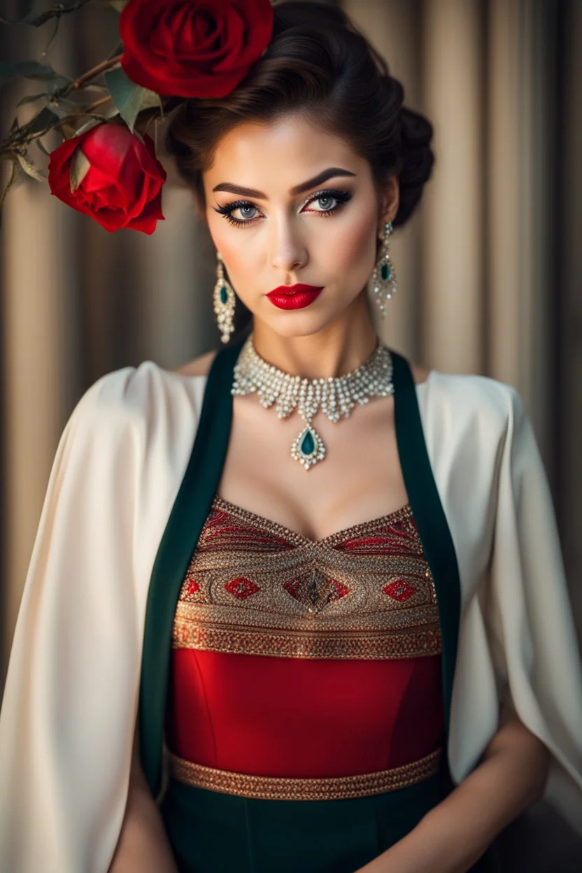 full length, young woman Portrait, detailed eyes, with spectacular red lips, Eyeliner "beautiful eye" with clear eyebrows, dress with a narrow waist, modest jewelry with subtle eyeliner, centered, symmetry, intricate, volumetric lighting, beautiful, rich deep colors masterpiece, sharp focus, ultra detailed, 8K, dslr, no crop, grand ballroom background, normal eyes