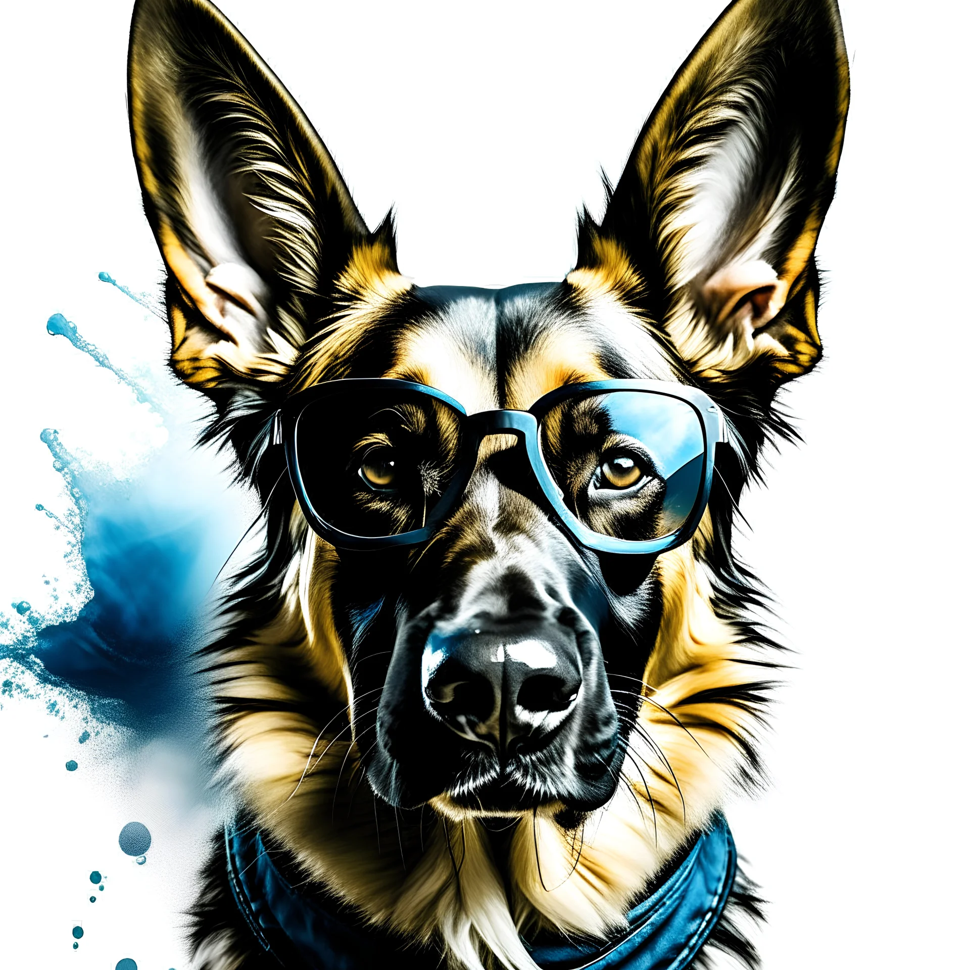generation generation generation graphic of a German Shepherd dog Rayban black sunglasses, riding waves at the beach, on a white background, graffiti
