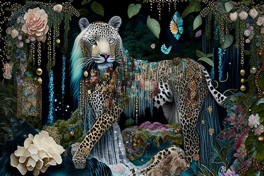 A beautiful fairytale magical composition of a rainforest with a waterfall, a masterpiece, patchwork-like, made of different materials: tulle embroidered with precious stones, lace and real pearls, silk, velvet, burlap, faux fur with leopard print. Unicorn, flowers