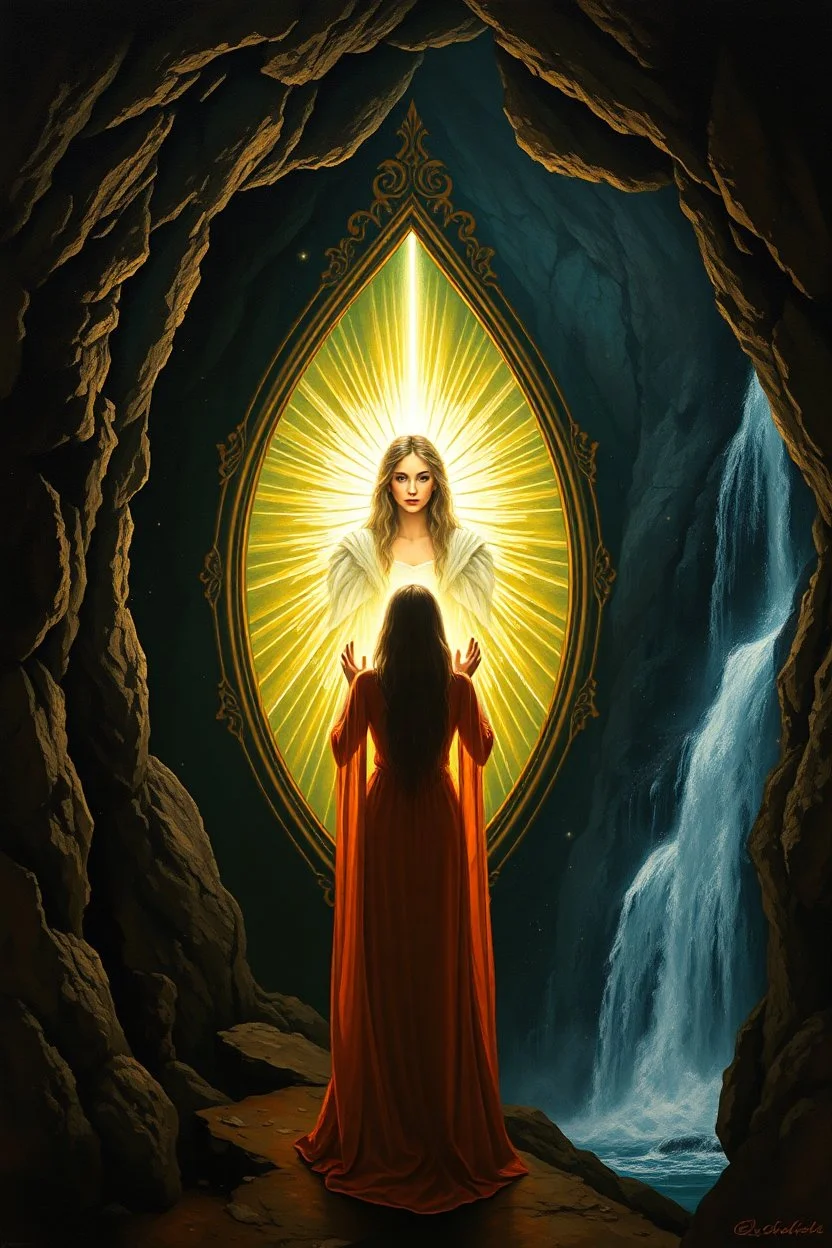 a woman standing in front of a mirror with reflection of her as a beautiful queen with an spiritual light in the mirror, in the dark cave with waterfalls in the background, Bosch painting style