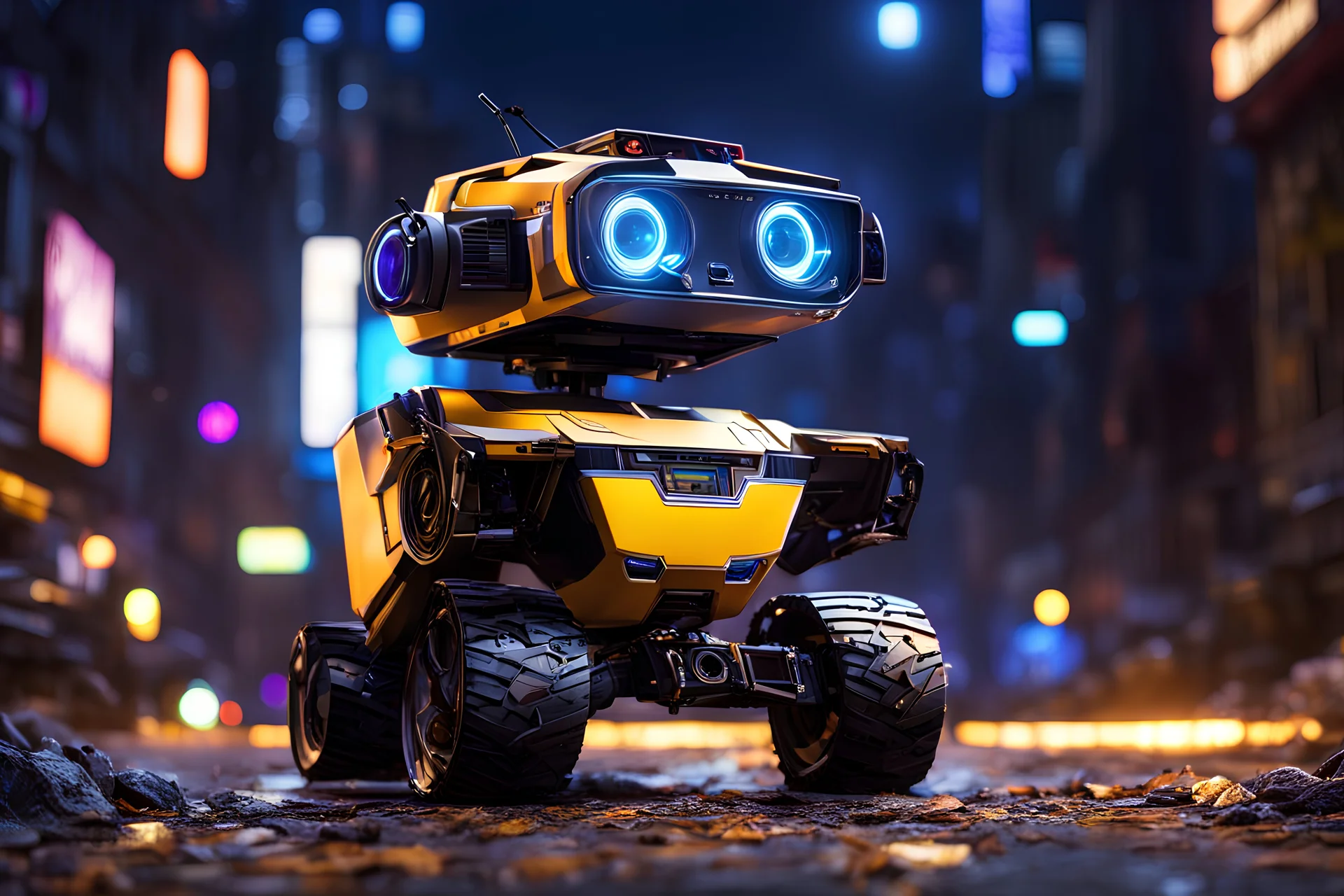 Wall-E in 8k solo leveling shadow artstyle, dynamic pose, oshare kei, hurufiyya, rtx , neon lights, intricate details, highly detailed, high details, detailed portrait, masterpiece,ultra detailed, ultra quality