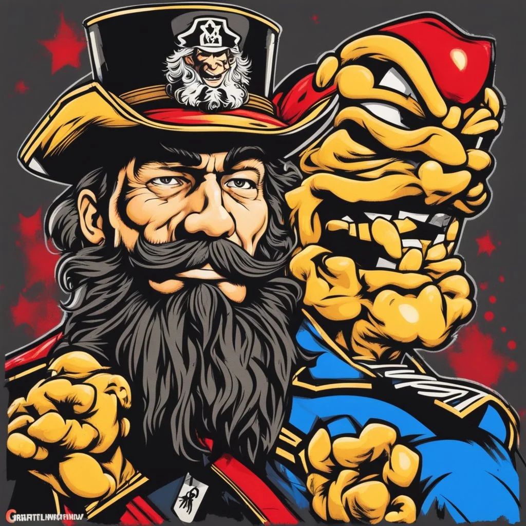 combine Captain Morgan and Captain Crunch, in graffiti stencil style