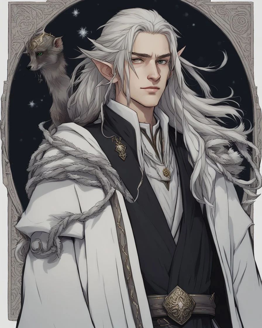 a young High Elf frost Wizard with long wiry hair, wearing a black trimmed white nobleman's robe and frost ornaments on clothes, with a small weasel on his shoulder