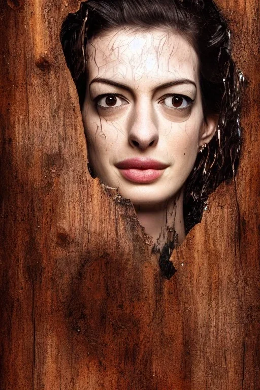 an abstract painting of rusted wood, Anne Hathaway, big black hair,wet face, Viking style, 8K, a Highly detailed stunning full frame portrait, wide-angle view, a