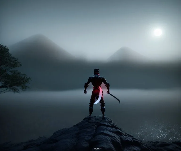 fog as Ninja portrait, black suit, in the night Alps, angels background, volumetric red light, high detail, dark leaf tree, dark mountains in background, perfect, HR Giger style, holding sword, fighting, cinimatic