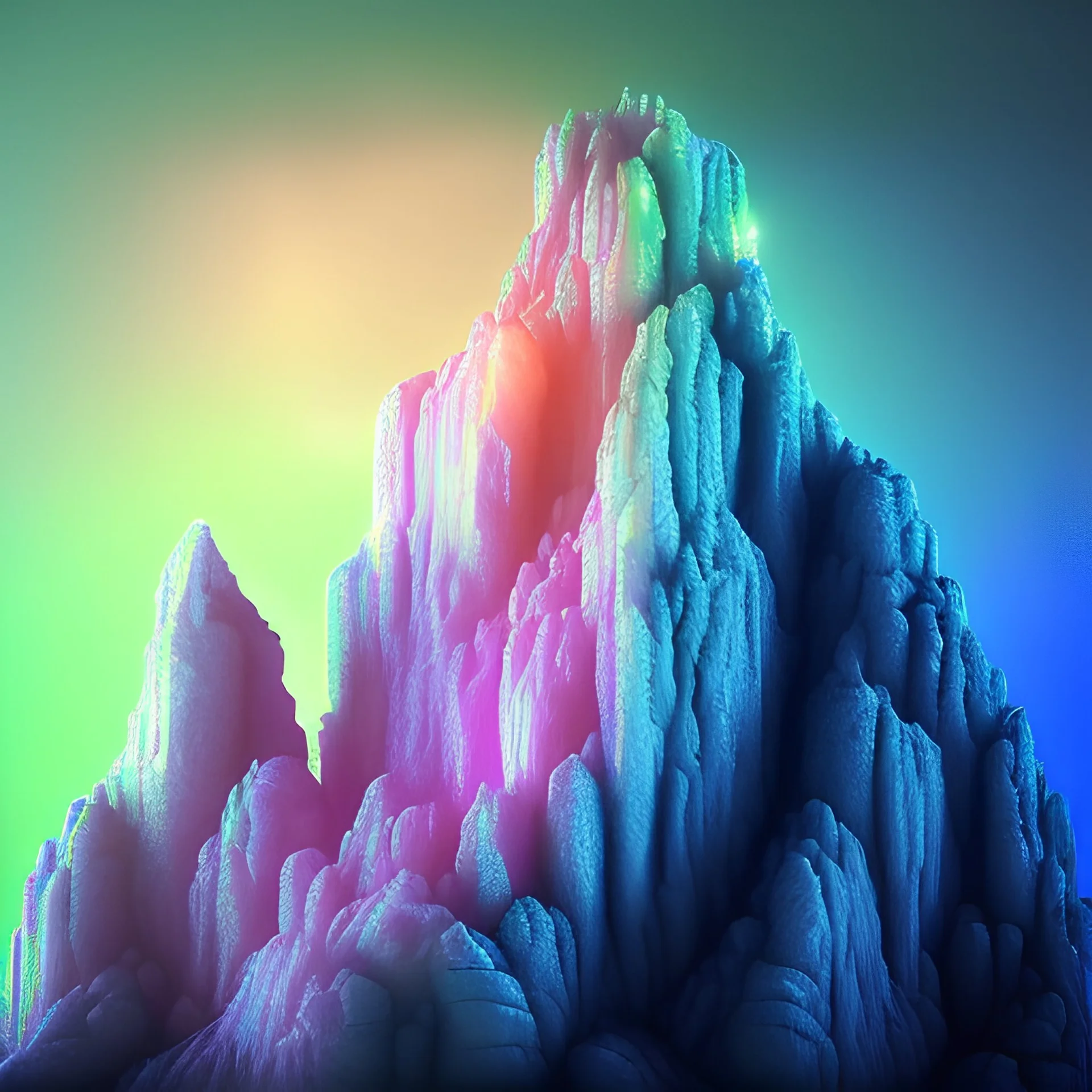 photograph of a (one massive colorful crystal:1.2) growing out of the rocky mountain, (focus on crystal:1.2), 4k, 8k, (highly detailed), ((landscape)),(translucent crystal:1.1), light going trough the crystal, bokeh, chromatic aberration, mountain view,