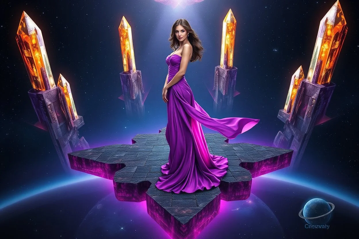 A breathtaking cosmic fantasy scene featuring a stunningly realistic beautiful woman with a perfect face and sculpted figure standing gracefully at the center of a floating geometric platform in deep space. She wears an elegant flowing gown in vibrant purple and pink hues that billow around her perfect form. The platform is constructed from dark cobblestone-like blocks arranged in a cross or star shape. Surrounding her are magnificent crystalline towers and pillars in gold, amber, and electric b