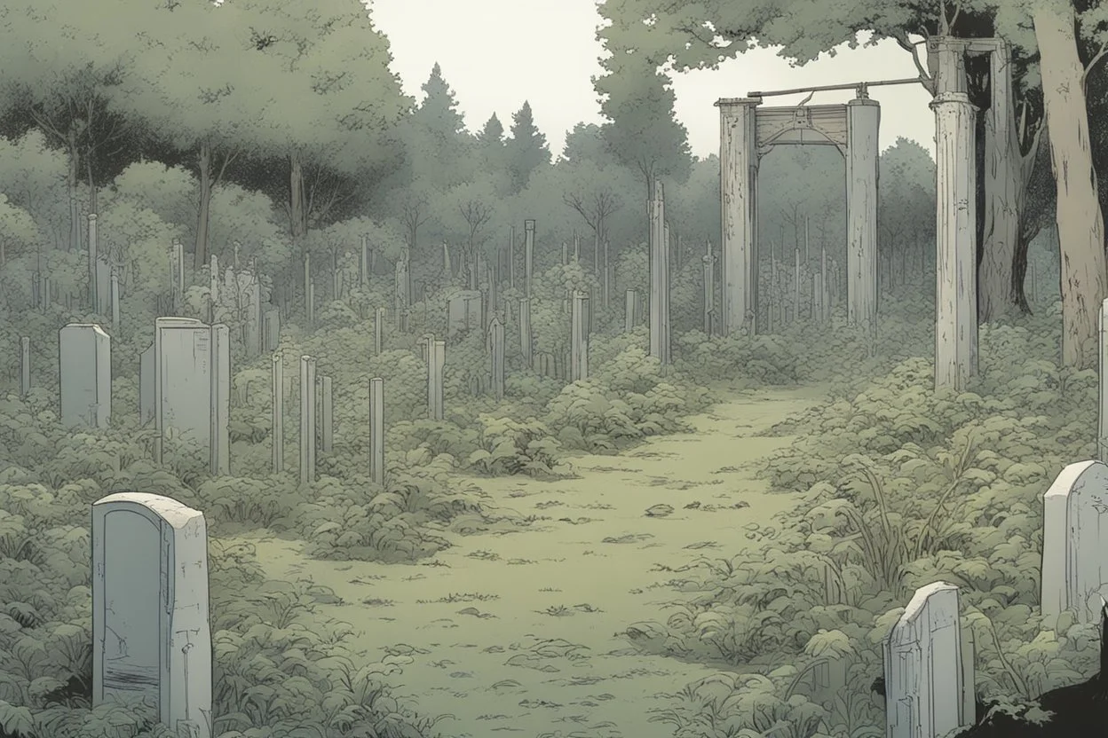 clearing, grave yard, forest,overgrown, post-apocalyptic, comic book,