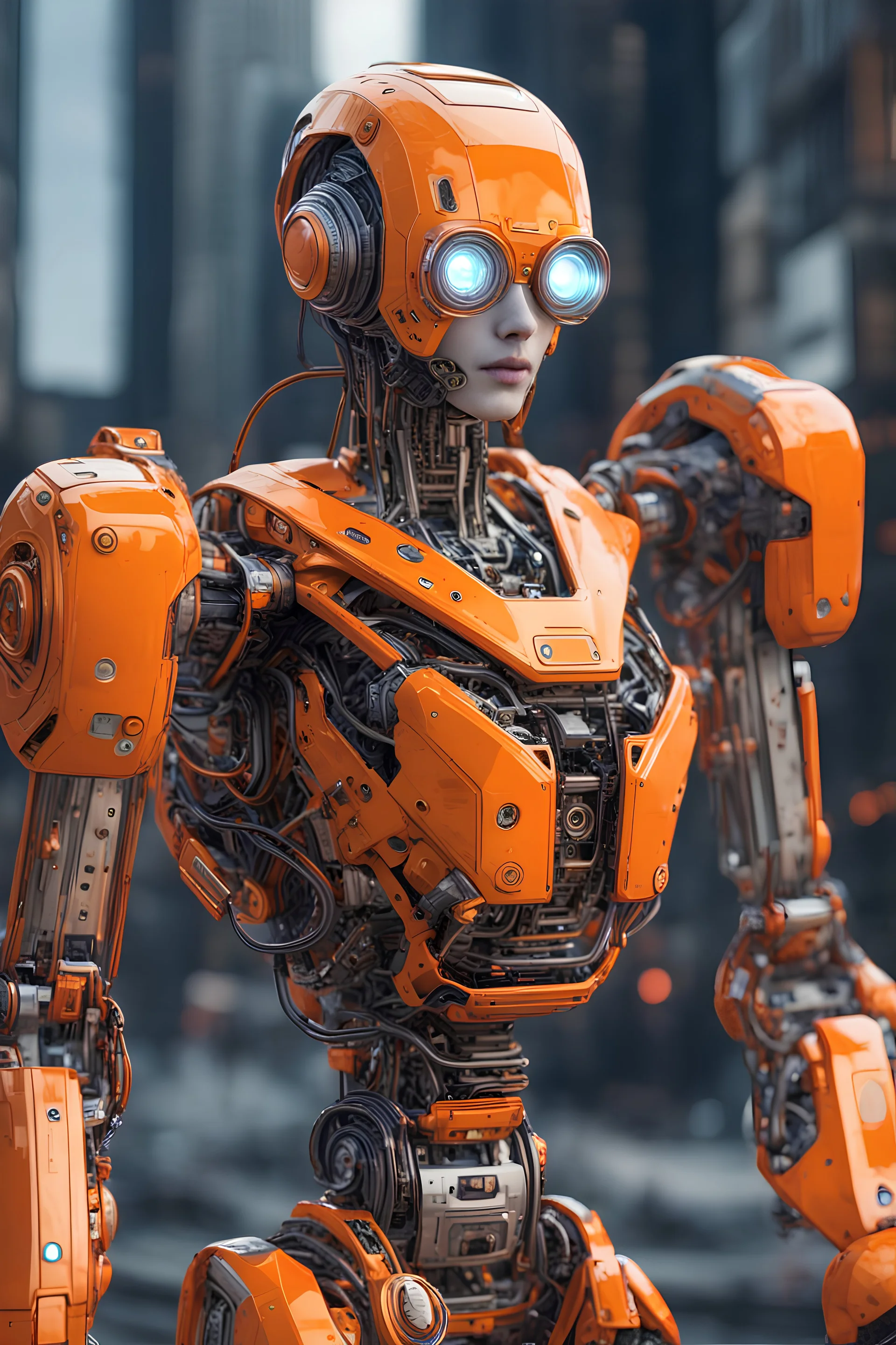 advanced orange rectangular robot with artificial intelligence, created using complex technologies, robot number "IA 661125", robot in the style of Isaac Asimov and cyberpunk, ultra detailed, HDR, high quality image, realistic image, 8k, high quality, hyperrealism