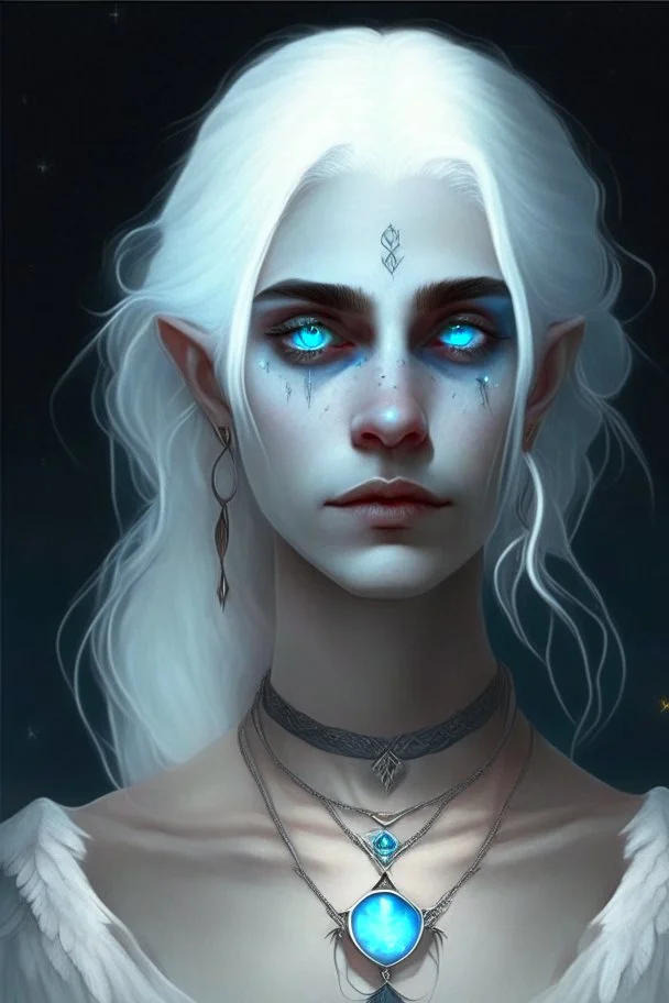 hauntingly beautiful character for dnd, young woman with white hair and blue eyes, angel, with moon necklace, scarred neck