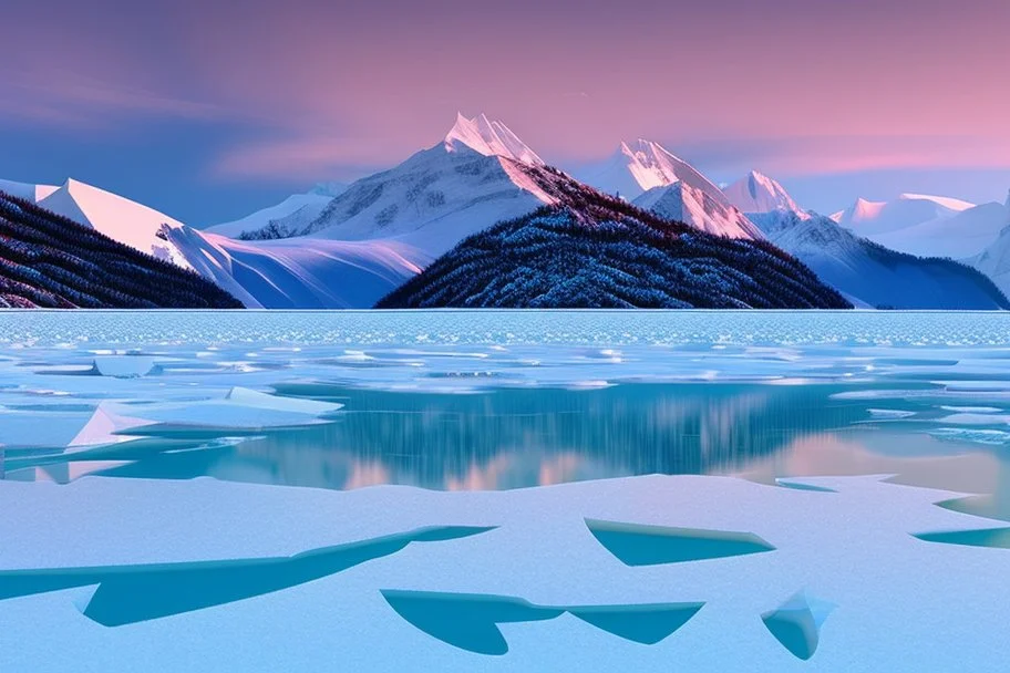 City, mountains, frozen lake