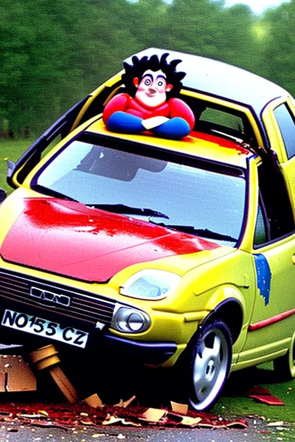 Noddy crashes his car and ends up in a mangled, bloody mess