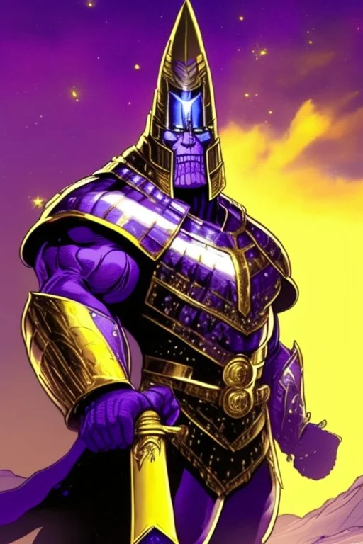 Thanos, the commander of the army of aliens and the king of the entire galaxy, is ready to go on a campaign with his two large swords, his very beautiful and impenetrable armor with his golden helmet, standing on top of a hill with his sword with infinity gauntlet