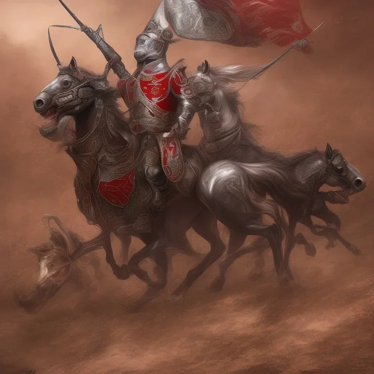 Nomad cavalry inline attacking. Horses. Damascus steel. Red. Sharp details. Roar.