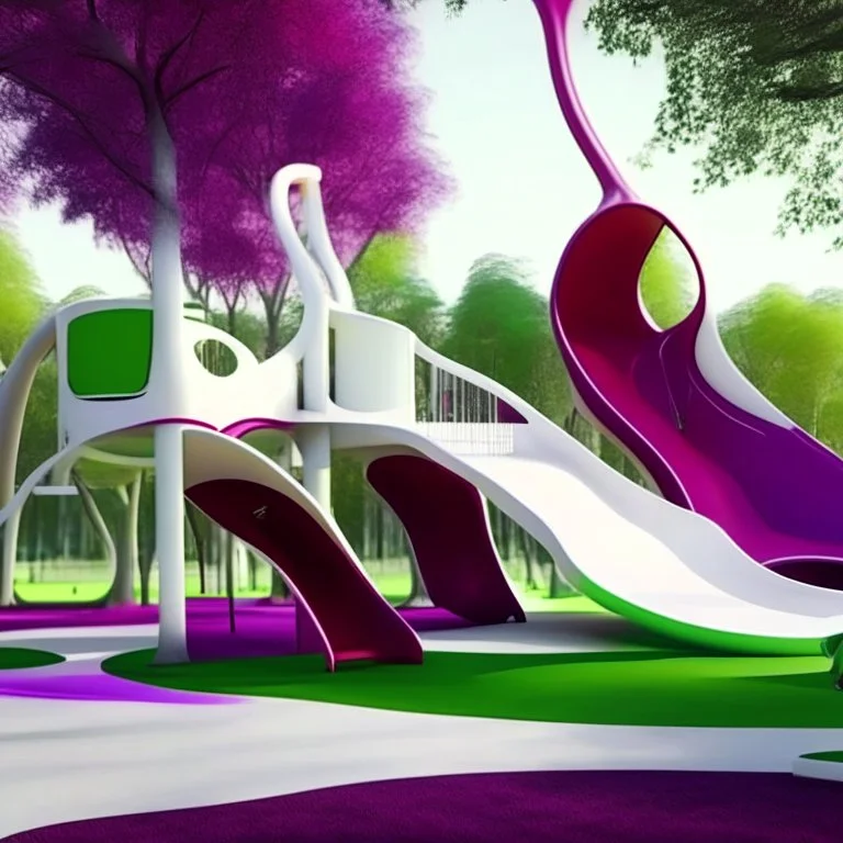 Perspectiva completa Parque infantil juegos columpios tobogán estilo Zaha Hadid obra de arte digital detallada color blanco crema y violeta rojo imperial impactante árboles verde profundo niños personas foto realista arte Bauhoaus iluminación cinematografica 4k