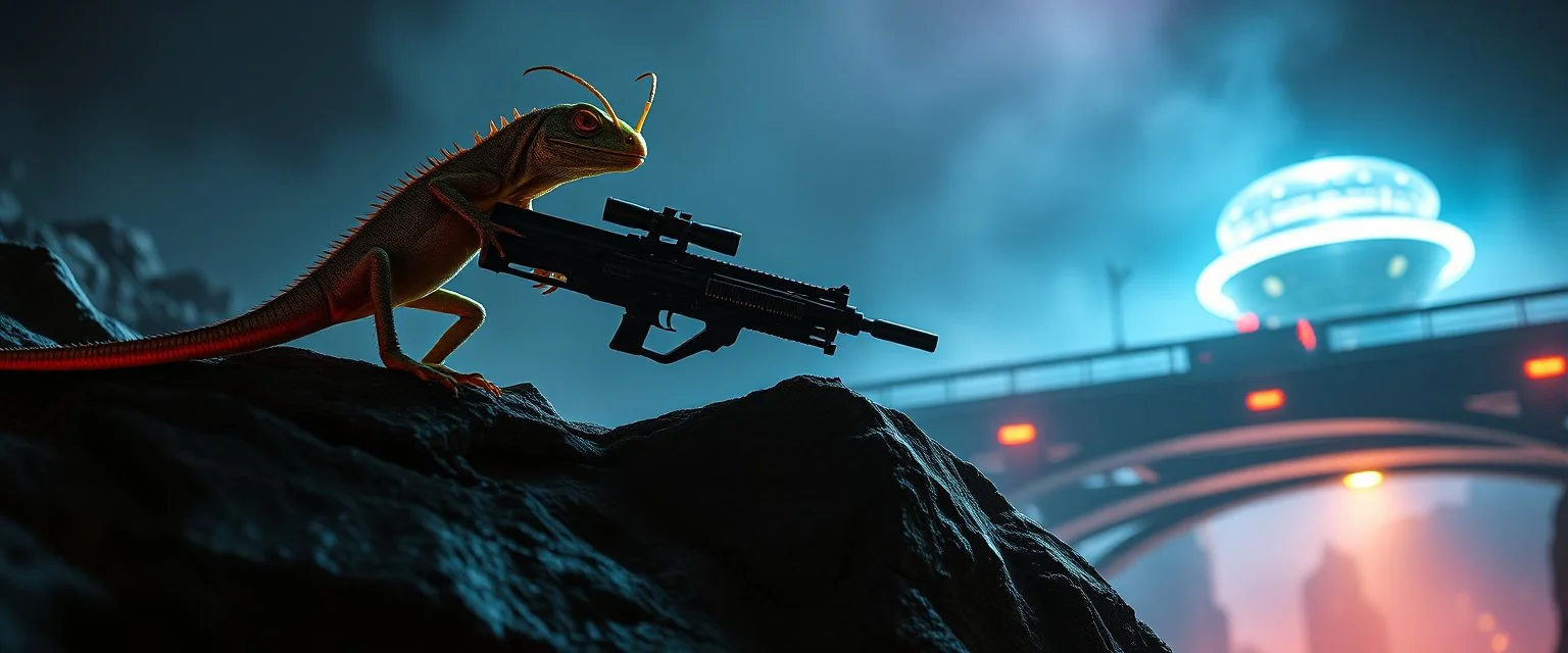 volume fog light, hyper real close up on rock ant lizard cricket gremlin man general with hi tech transcendent weapon arsenal from hell, guarding bridge up to space saucer neon plastic transparent