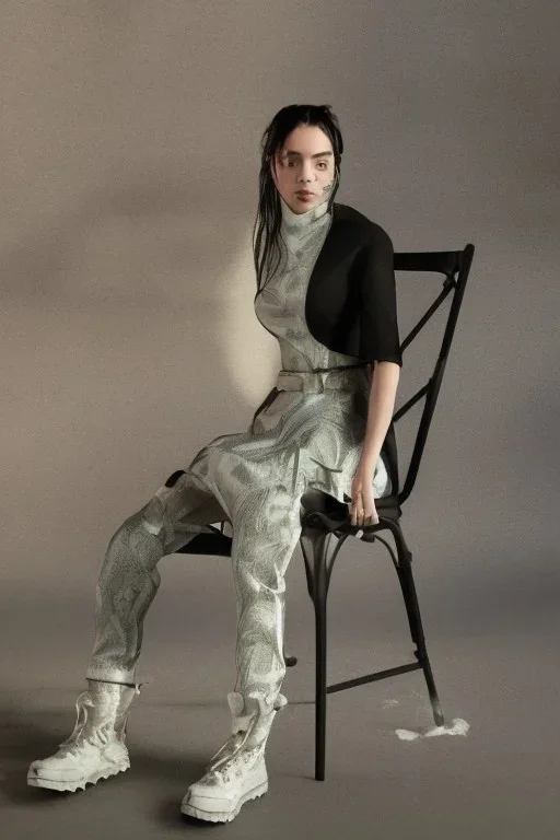 Billie Eilish, sitting on a chair, Black Short Dress, high detail, realistic