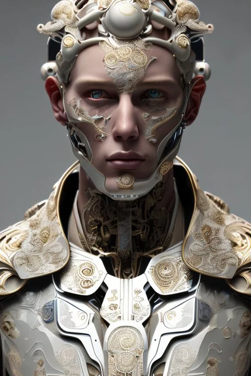 Complex 3d render ultra detailed of a handsome male porcelain profile face, biomechanical cyborg, analog, 150 mm lens, beautiful natural soft rim light, big leaves and stems, roots, fine foliage lace, colorful details, massai warrior, alexander mcqueen high fashion haute couture, pearl earring, art nouveau fashion embroidered, steampunk, intricate details, mesh wire, mandelbrot fractal, anatomical, facial muscles, cable wires, elegant, hyper realistic, ultra detailed, octane render