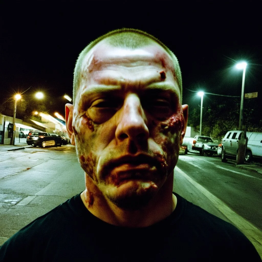 very grainy discolored photo, portrait, dark night street, grunge, 2000s Russia, punk, outcast, rough, confident, older male, extremely pale skin, flesh bulbs grow out of his face, face is disproportionally deformed, hunchback, sewer dweller